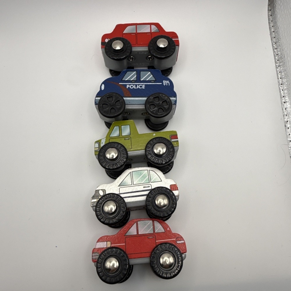 Kidkraft Wooden Vehicles 2011 Police Car Green Truck Red & White Cars Lot Of 5 - Picture 3 of 12